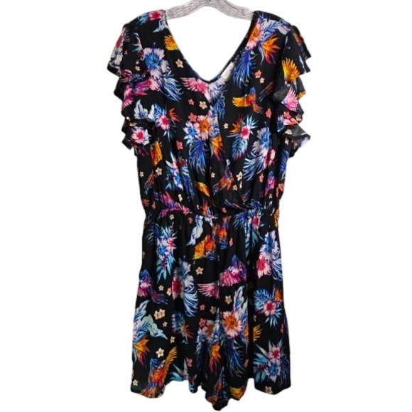 Terra & Sky Pants - Terra & Sky Women Plus Size Tropical Floral Parrot Ruffle Sleeve Romper Black